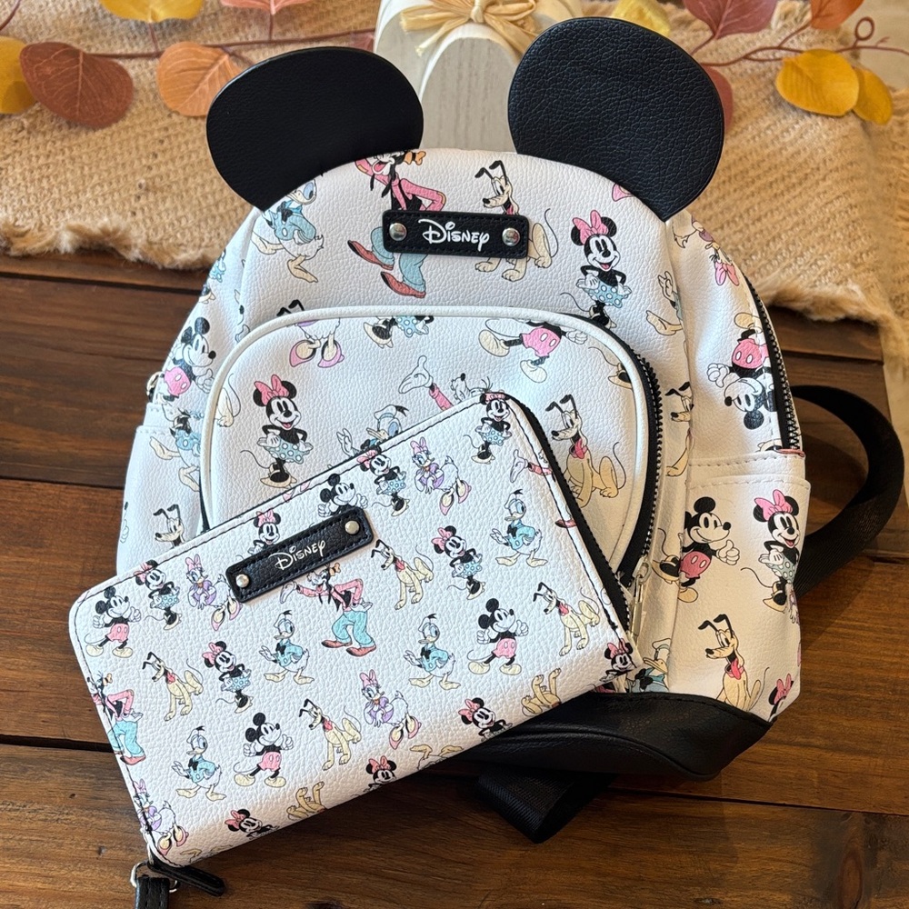 Disney Minnie and Mickey Kids Backpack and Wallet - Black, White, Pink
